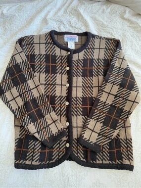 Vintage Prep Tally Ho Beige, Black & Brown Plaid Knit Cardigan